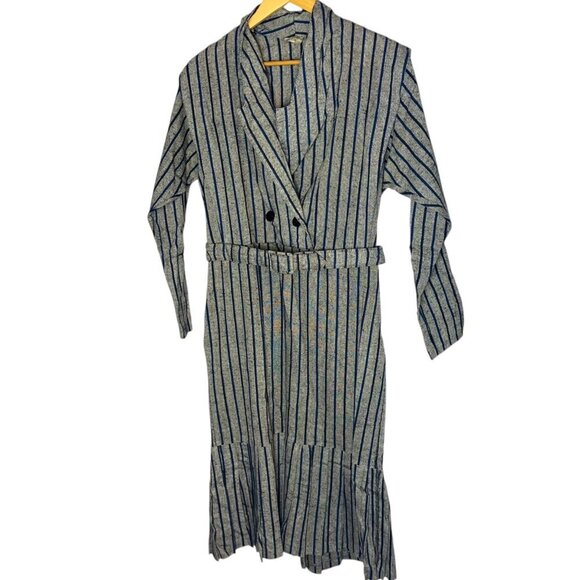 Numero Uno Size M Long Sleeve Belted Shirt Dress Gray Tweed Blue Stripe Academia - Picture 1 of 7